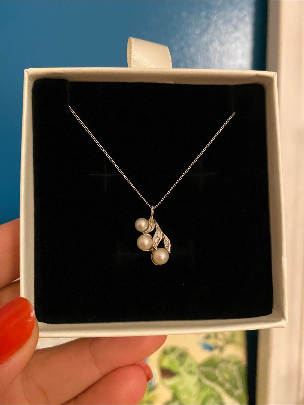14k Real Pearl and Diamond Leaf Pendant Necklace - White Gold